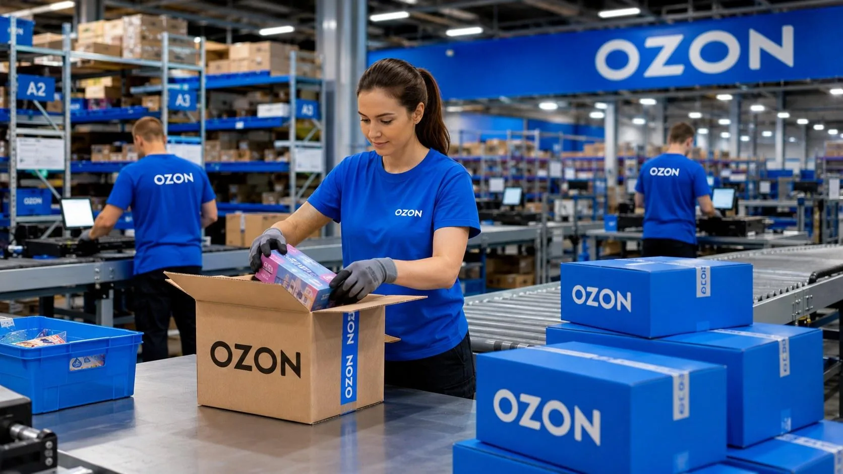 Сотрудники комплектуют заказы на складе Ozon