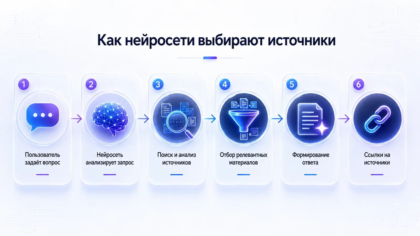 Шесть этапов: вопрос, анализ, поиск источников, отбор, ответ, ссылки.