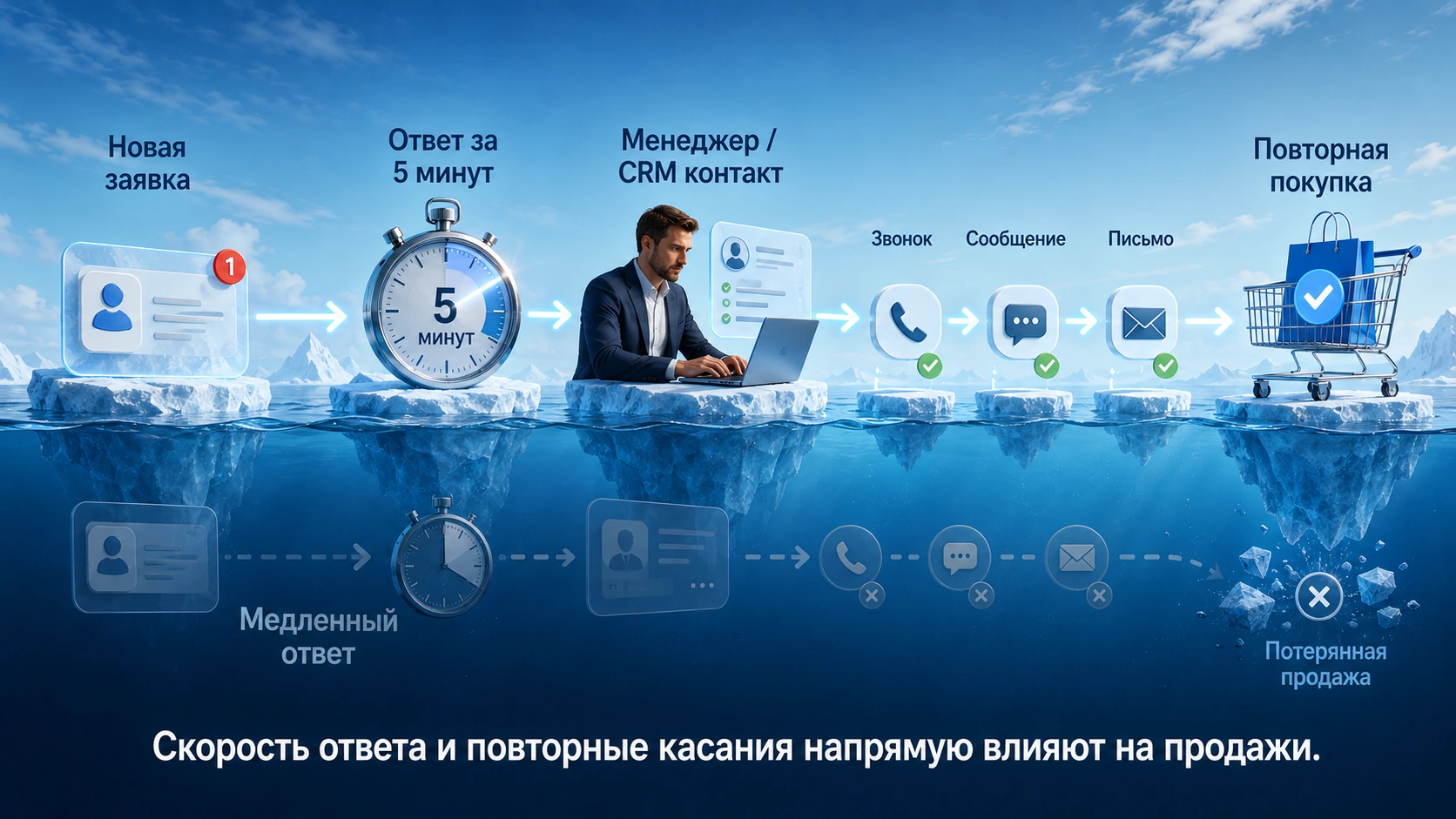 Быстрый ответ и система повторных касаний напрямую влияют на итоговую конверсию в продажу.