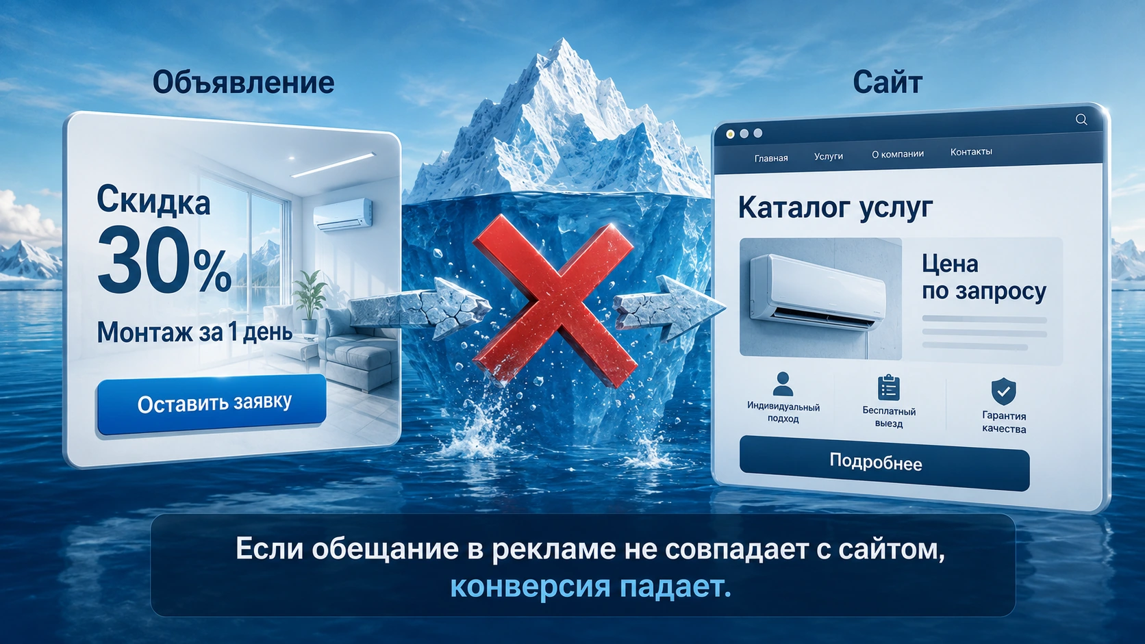 Когда обещание в объявлении не совпадает с посадочной страницей, конверсия падает ещё до диалога с компанией.