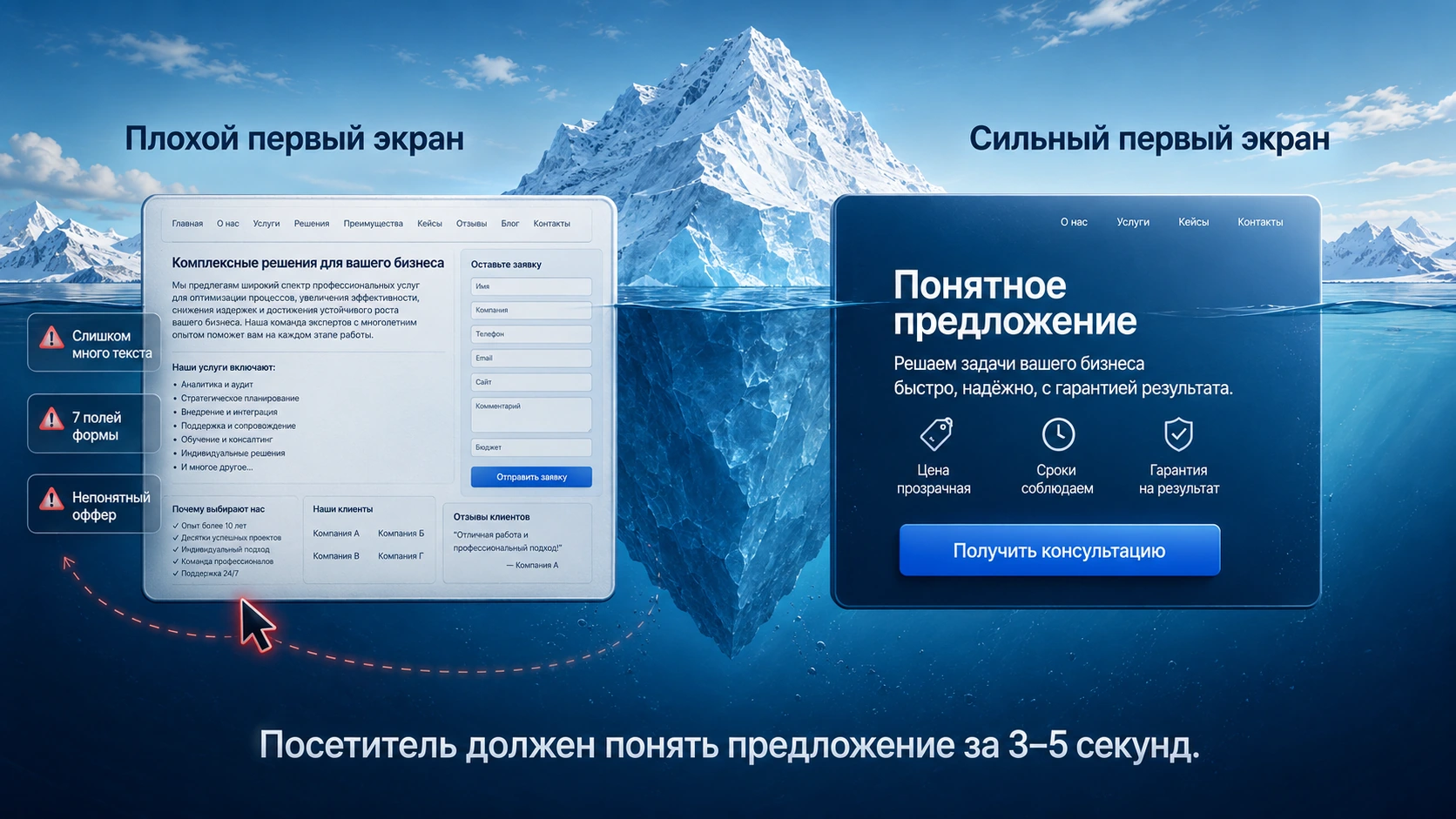 Первый экран должен за 3–5 секунд объяснить предложение, выгоду и следующий шаг.