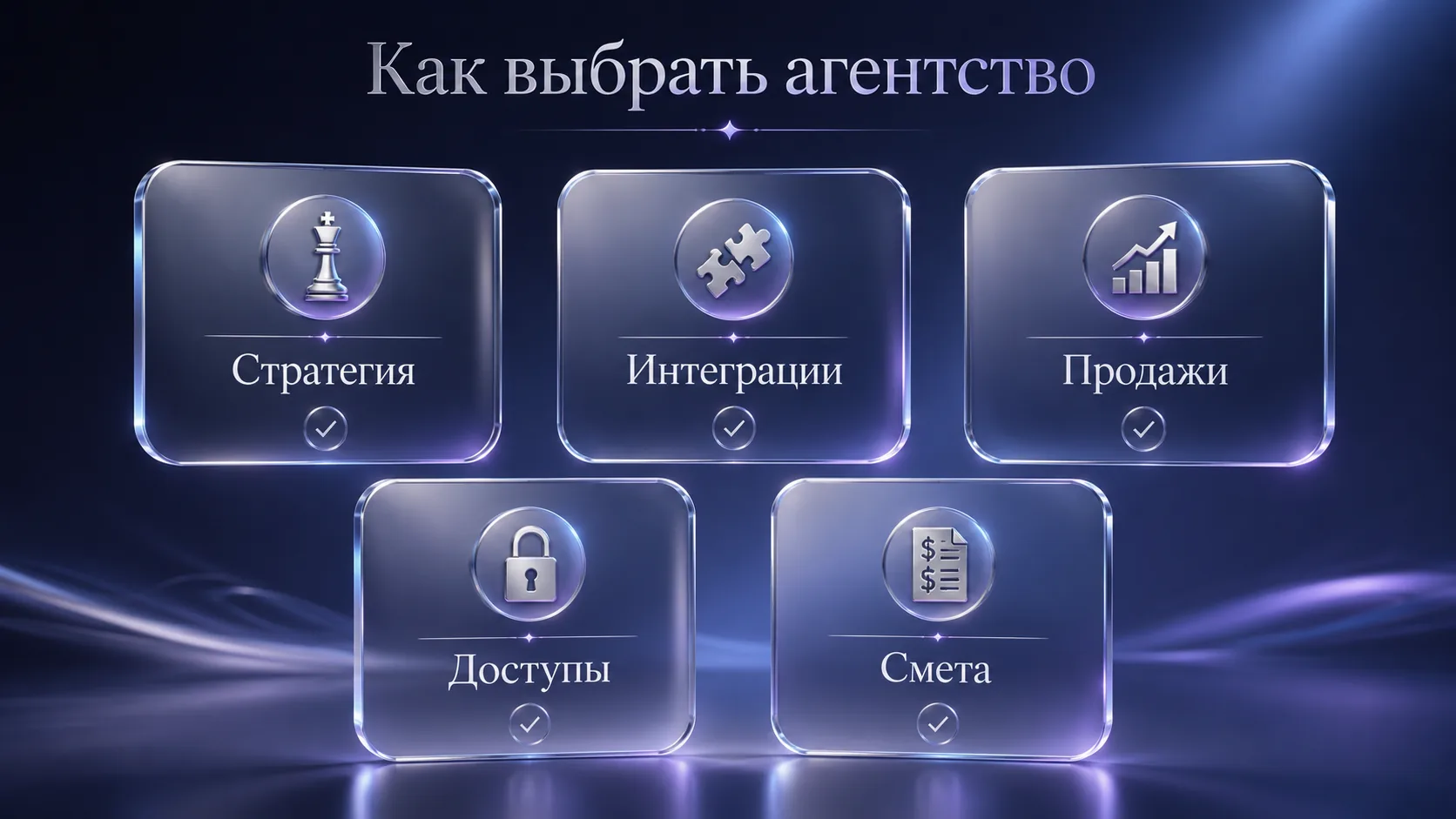 Премиальная 3D-инфографика с пятью критериями выбора агентства: стратегия, интеграции, продажи, доступы и смета.