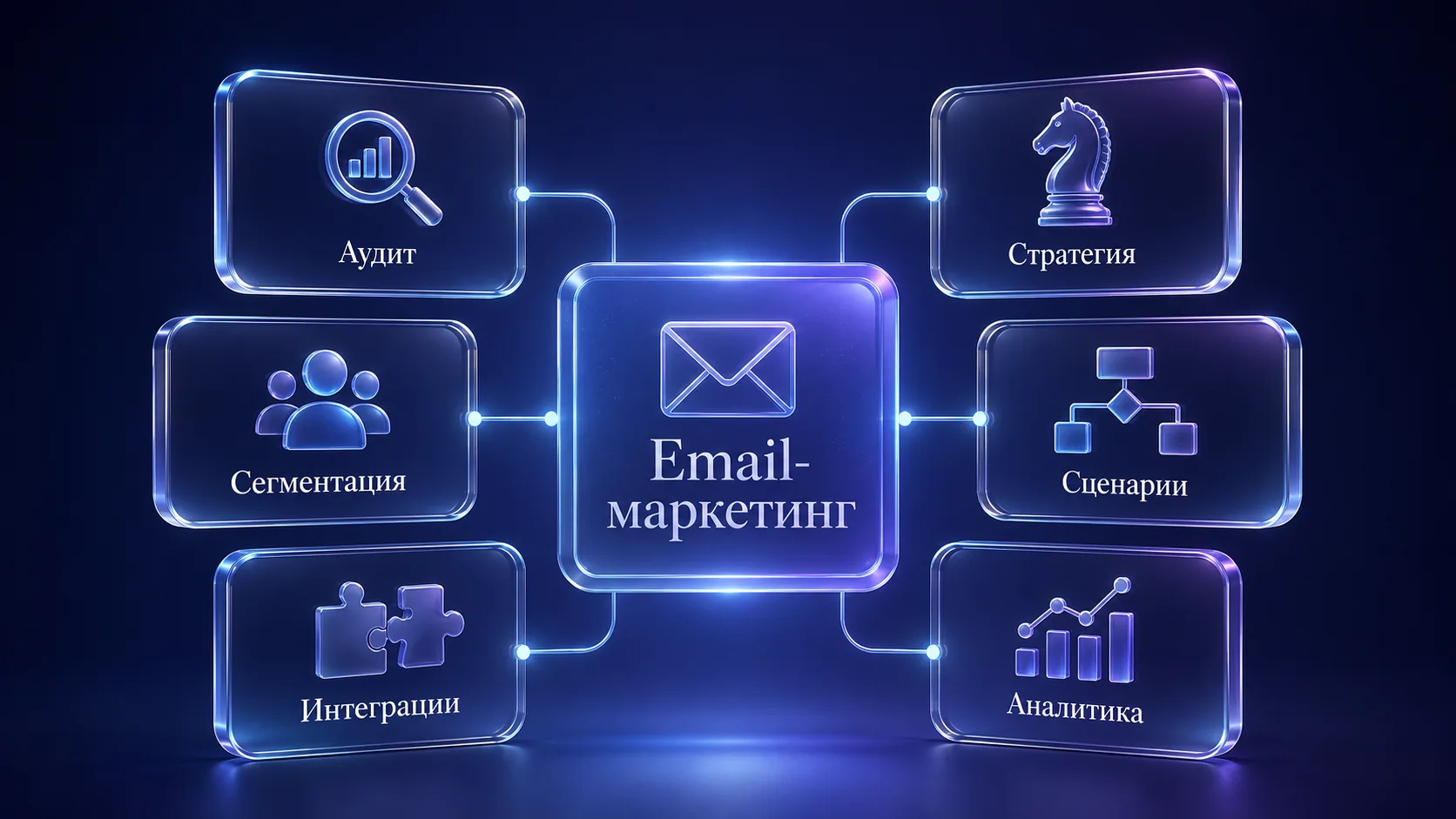 Премиальная 3D-инфографика с ключевыми элементами email-маркетинга: аудит, стратегия, сегментация, интеграции, сценарии и аналитика.