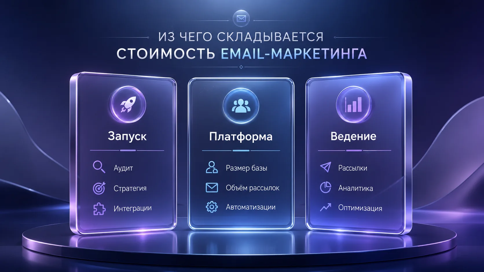 Премиальная 3D-инфографика о стоимости email-маркетинга: запуск, платформа и регулярное ведение.