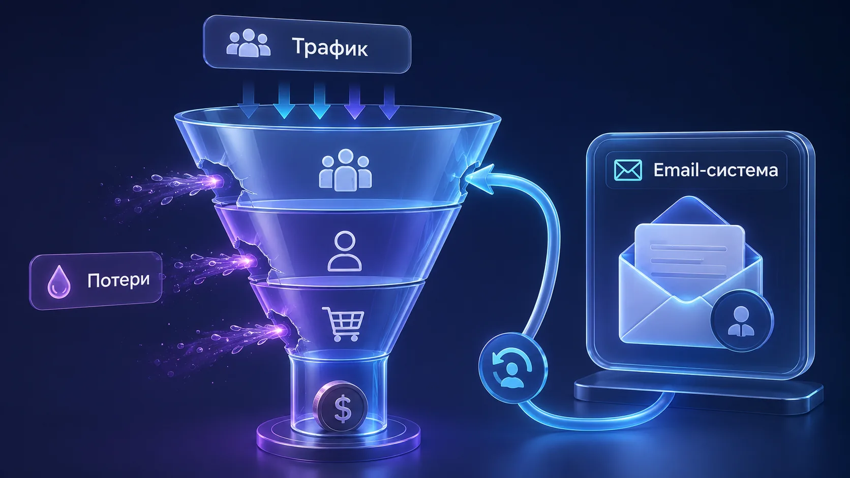 3D-инфографика: трафик входит в воронку, часть клиентов теряется, а email-система возвращает их к покупке.