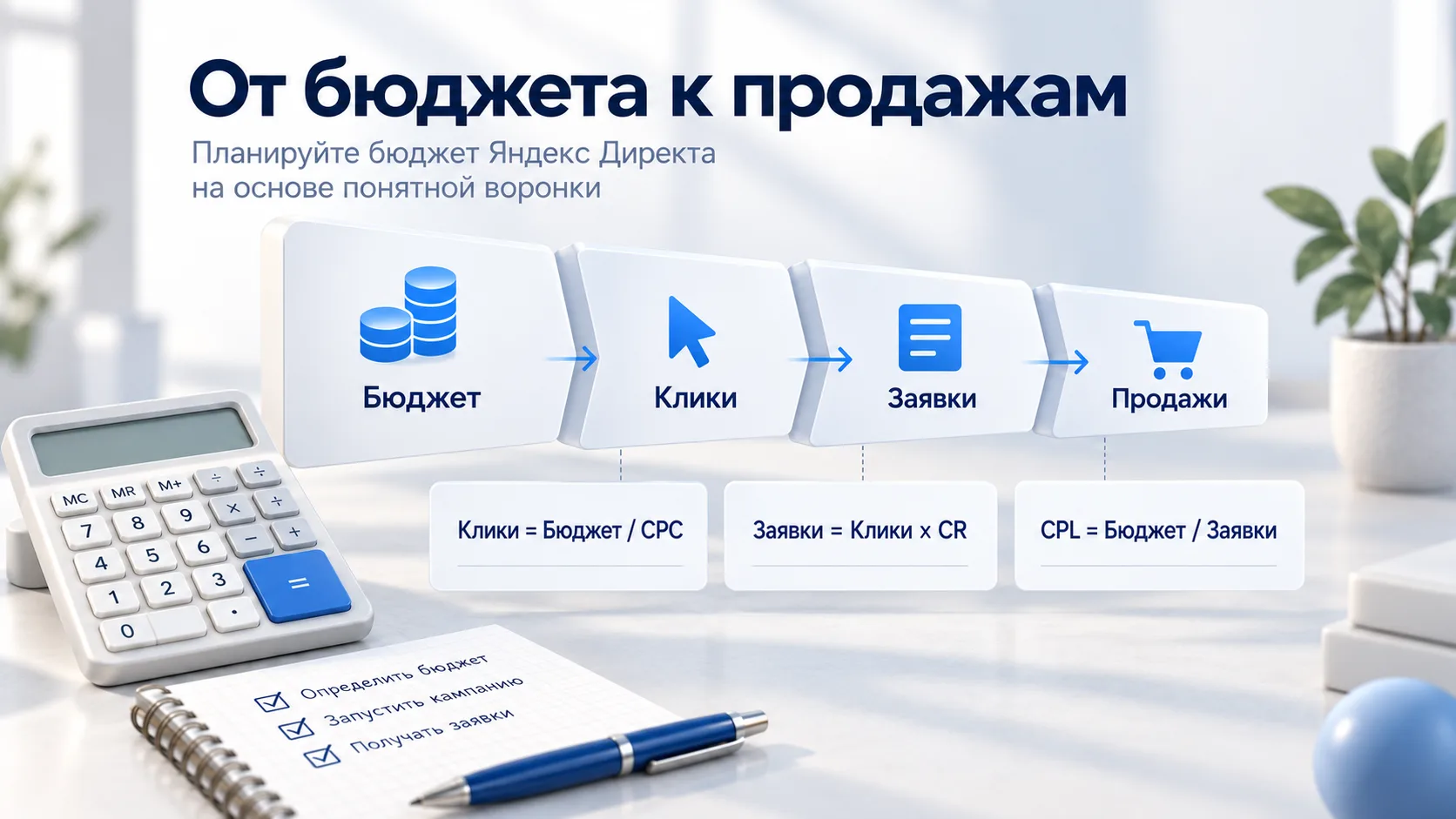 Логика расчета бюджета: клики, заявки и продажи